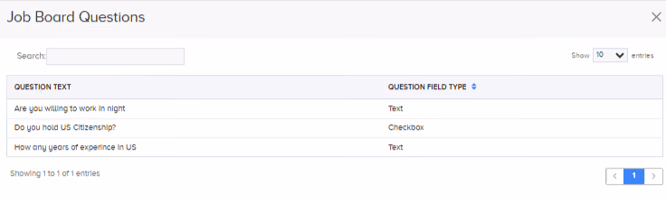 Job Board Questions preview showing the questions attached to a job