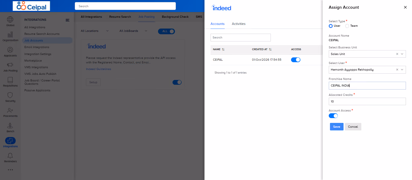Assign Account panel with a user assigned to the Indeed account