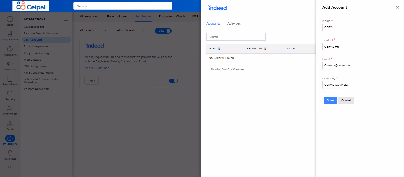 Edit Indeed Sponsored Account form with Name, Contact, Email, and Company fields