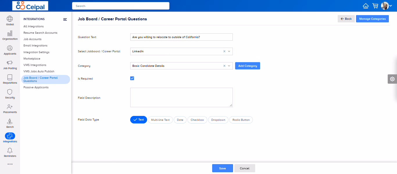Job Board and Career Portal Questions setup panel