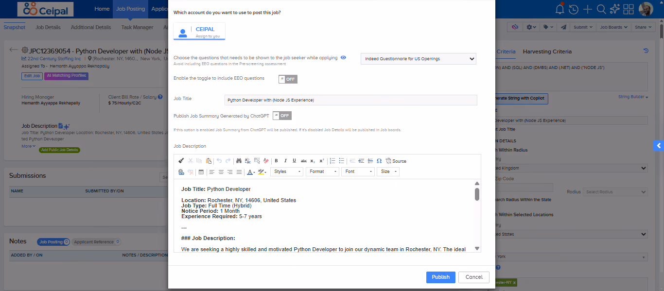 Republish Job screen with the questionnaire selection dropdown