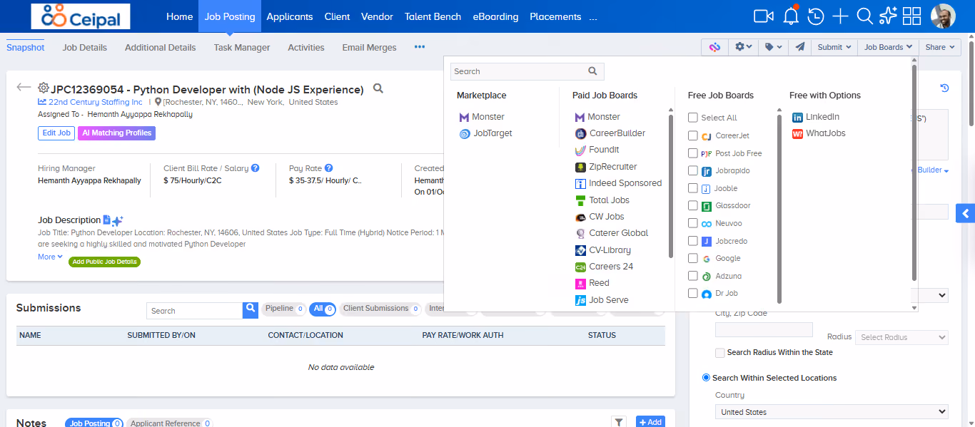Job Boards dropdown showing the Indeed Sponsored option