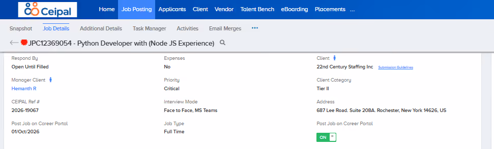 Job Details tab with Post Job on Career Portal set to ON