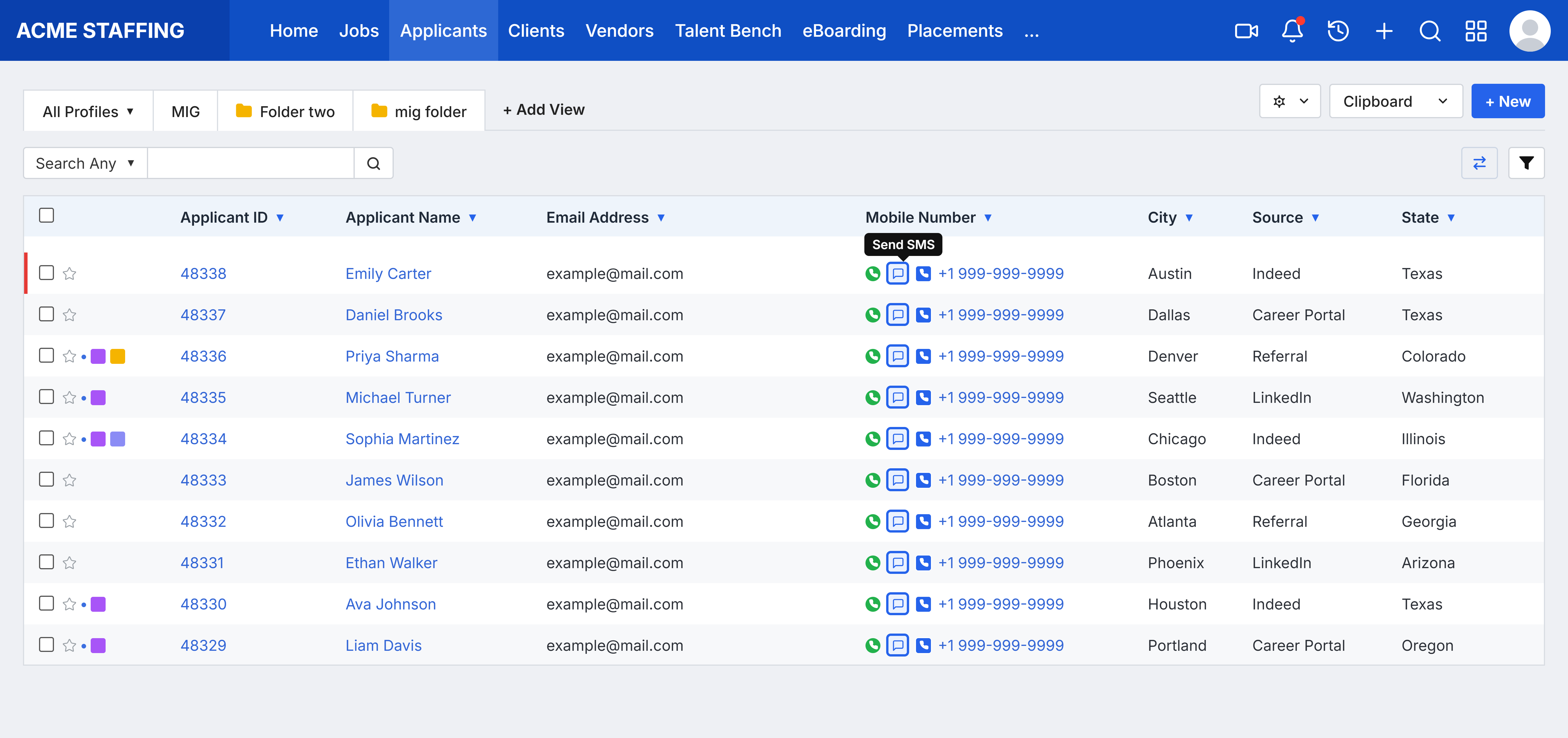 Applicants list with the Send SMS icon highlighted next to a mobile number