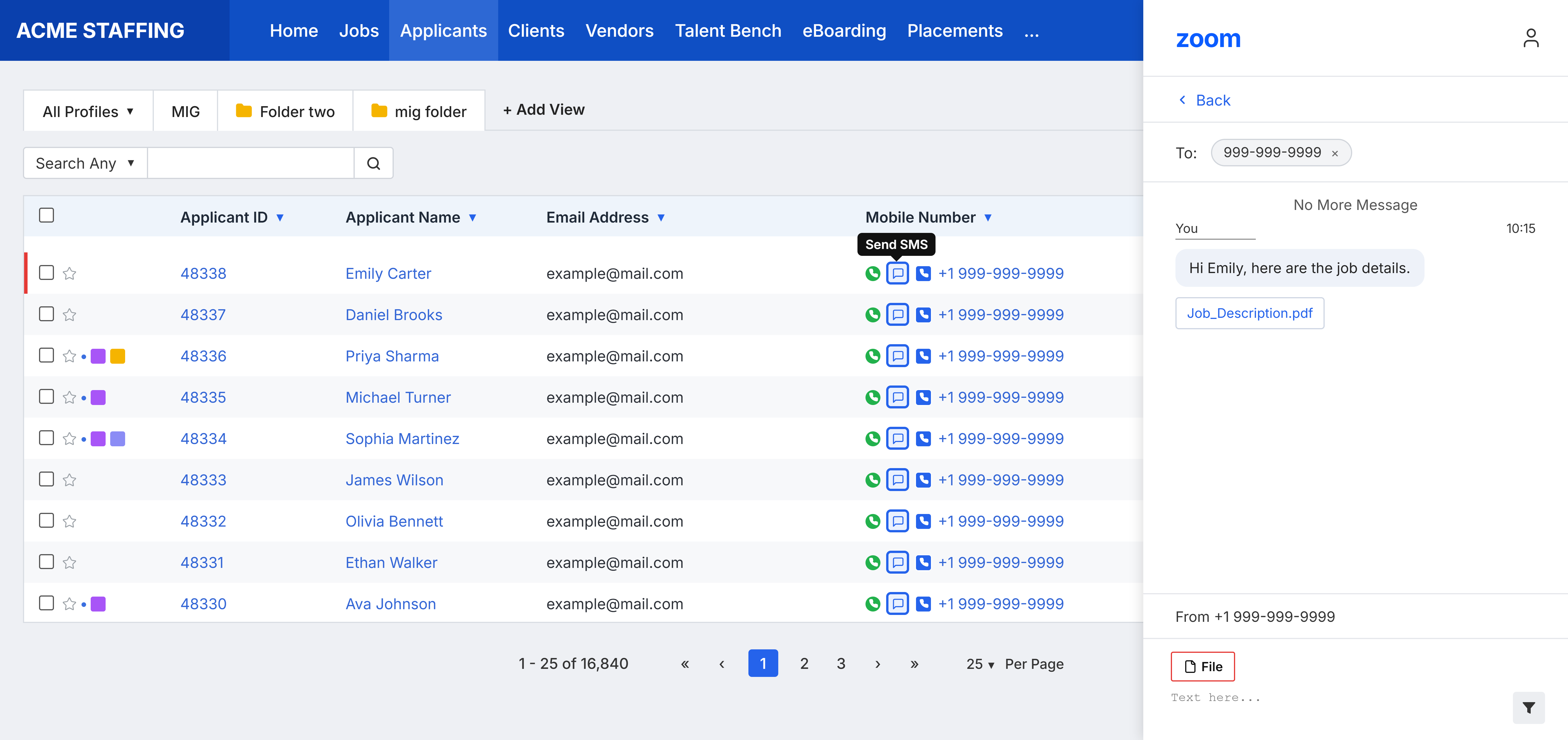 Zoom SMS panel open beside the Applicants list with a message and file attachment