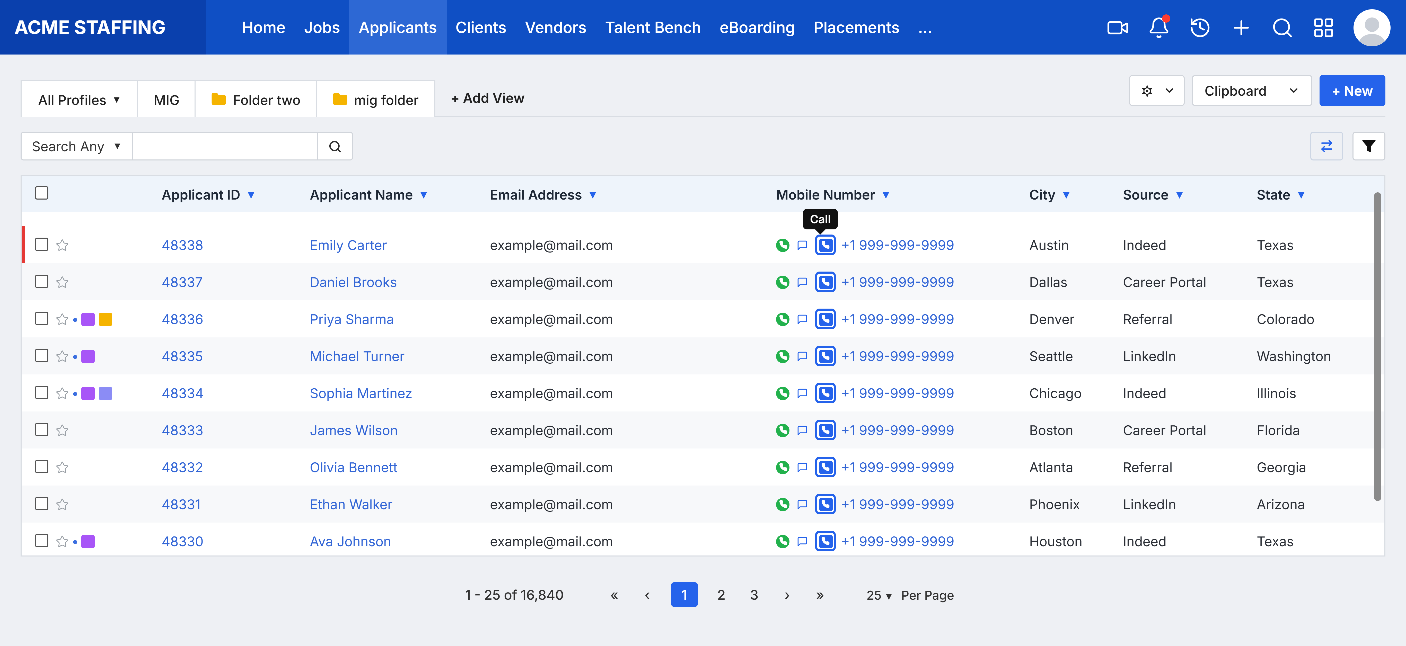Applicants list with the Call icon highlighted next to a mobile number