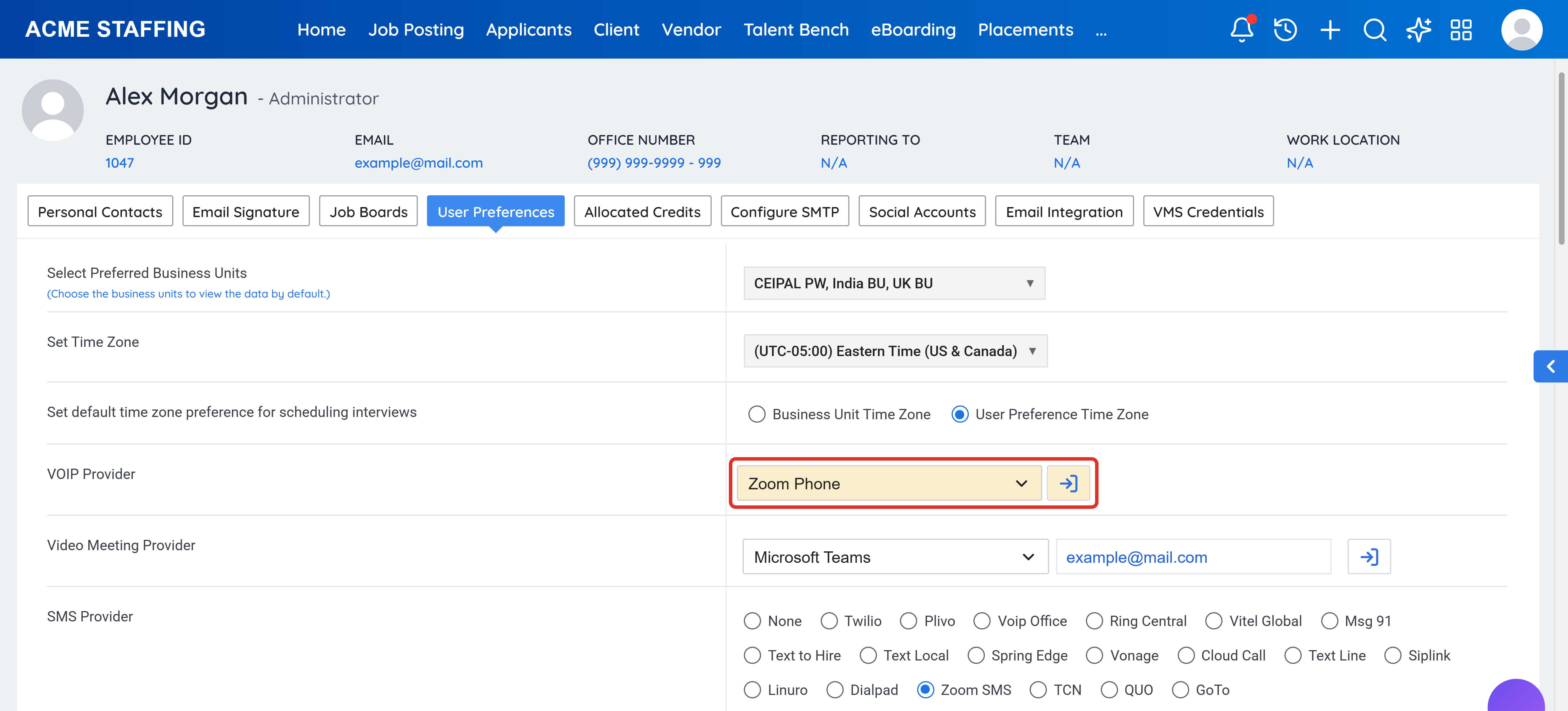User Preferences tab with Zoom Phone selected as the VoIP Provider and the Login button highlighted