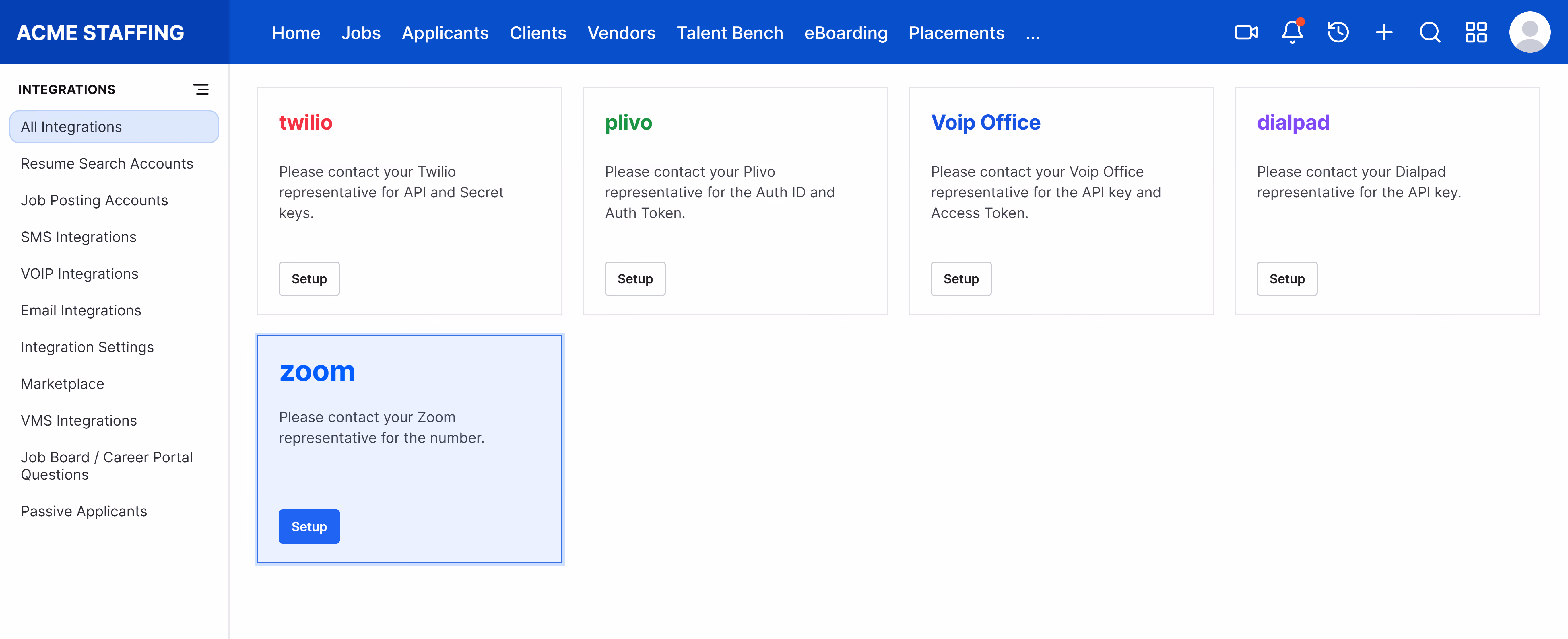 SMS Integrations page showing the Zoom card with a Setup button