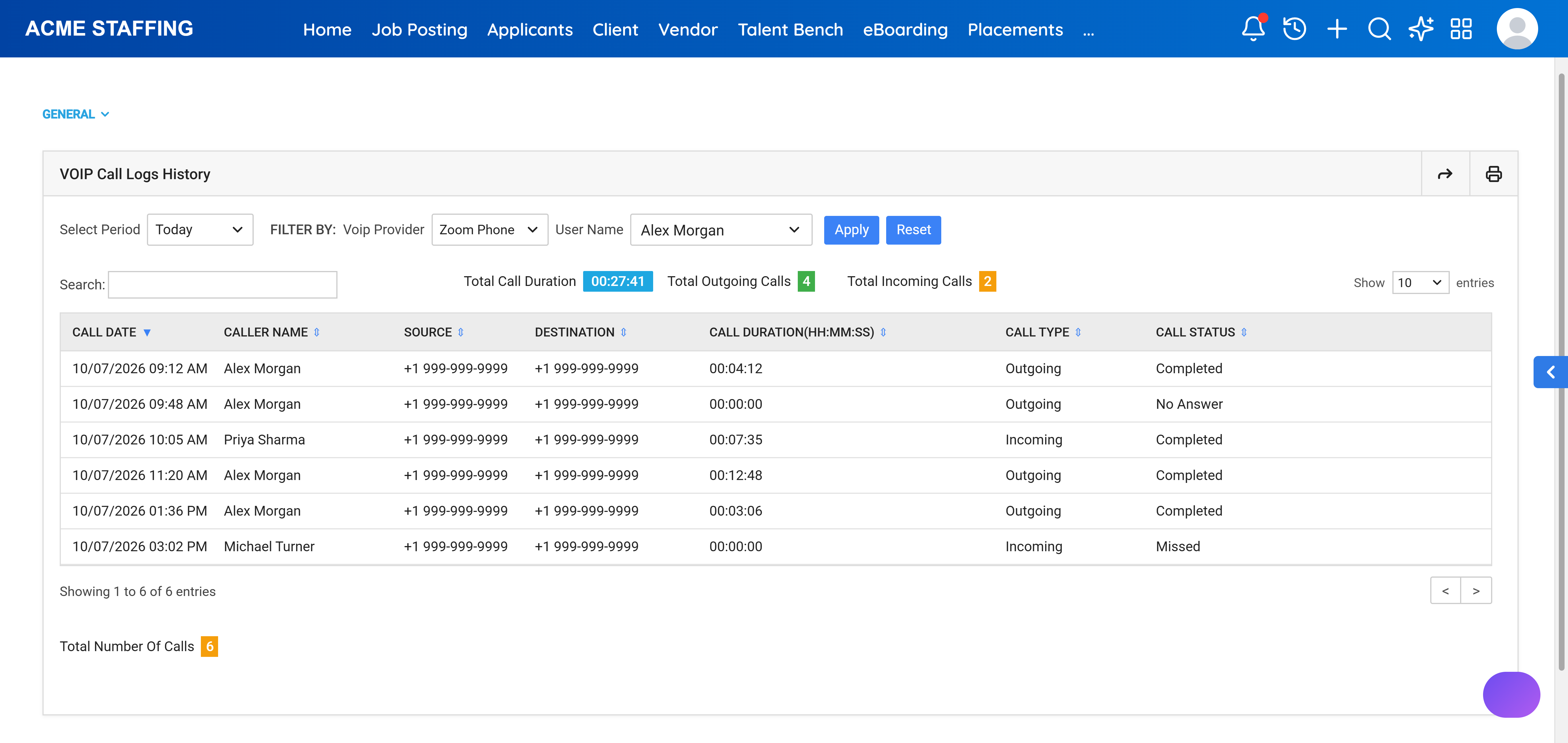 VOIP Call Logs History report filtered to the Zoom Phone provider