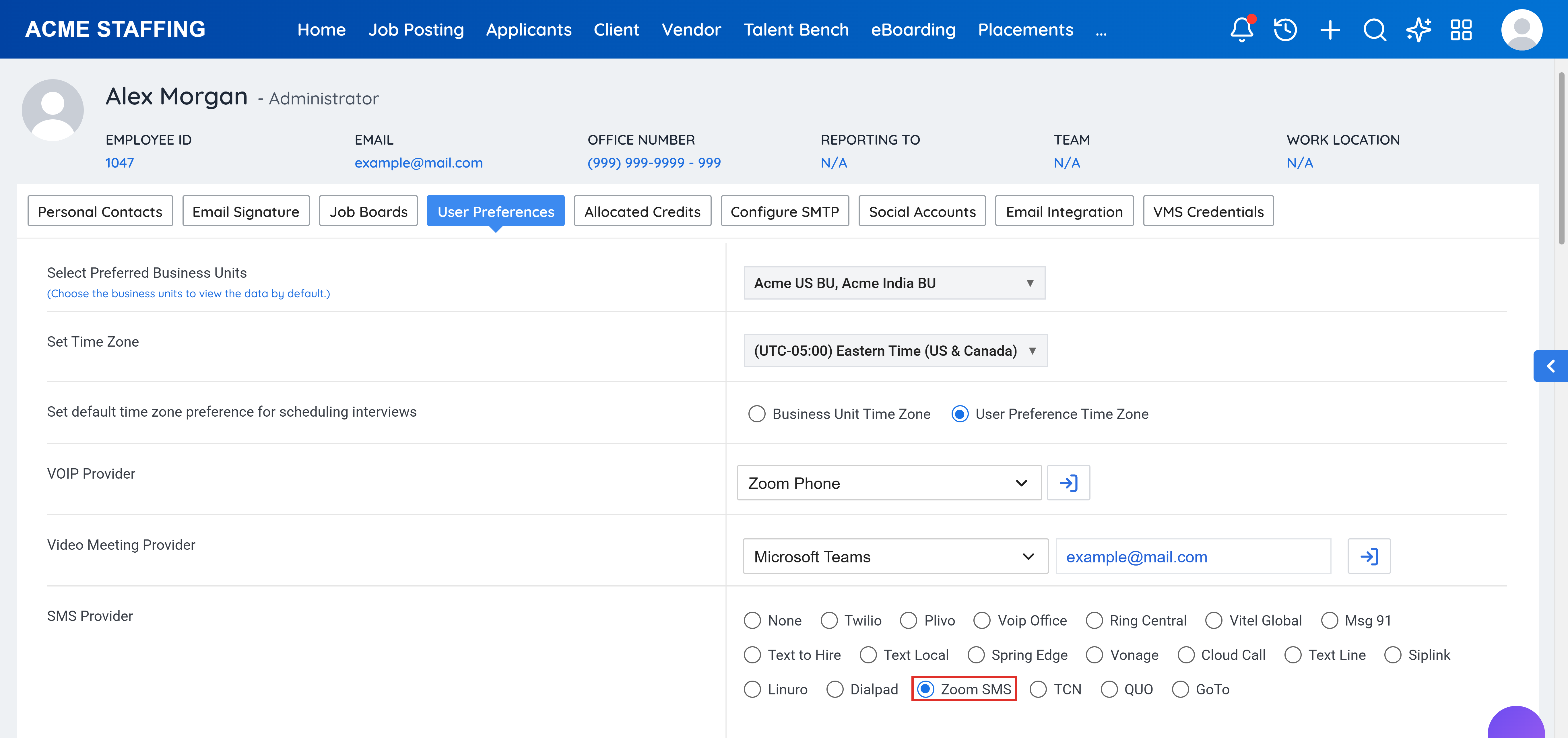 User Preferences tab with Zoom SMS selected under SMS Provider
