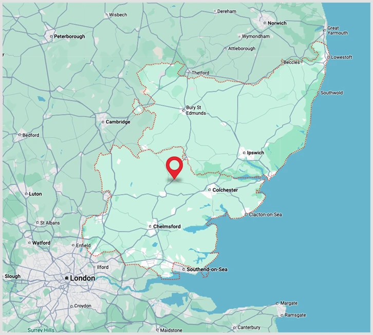 A map showing the areas within Essex and Suffolk covered by Halstead Glass