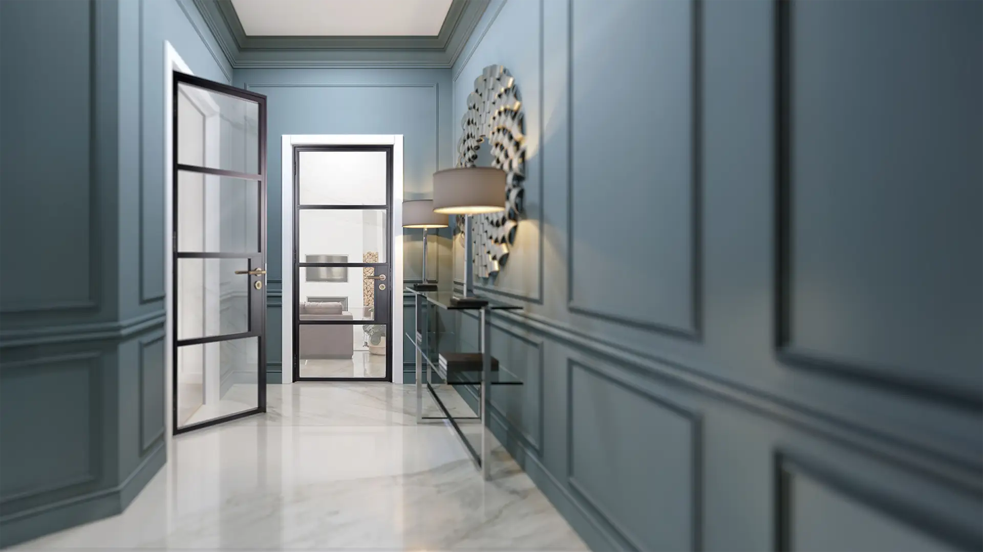 Interior photograph of aluminium bifold doors.