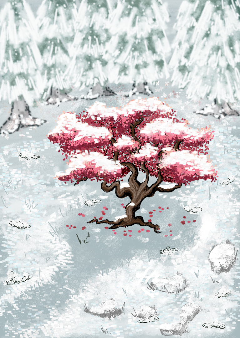 concept art illustration depicting a blossoming cherry blossom tree in the middle of an empty snowy forest lair