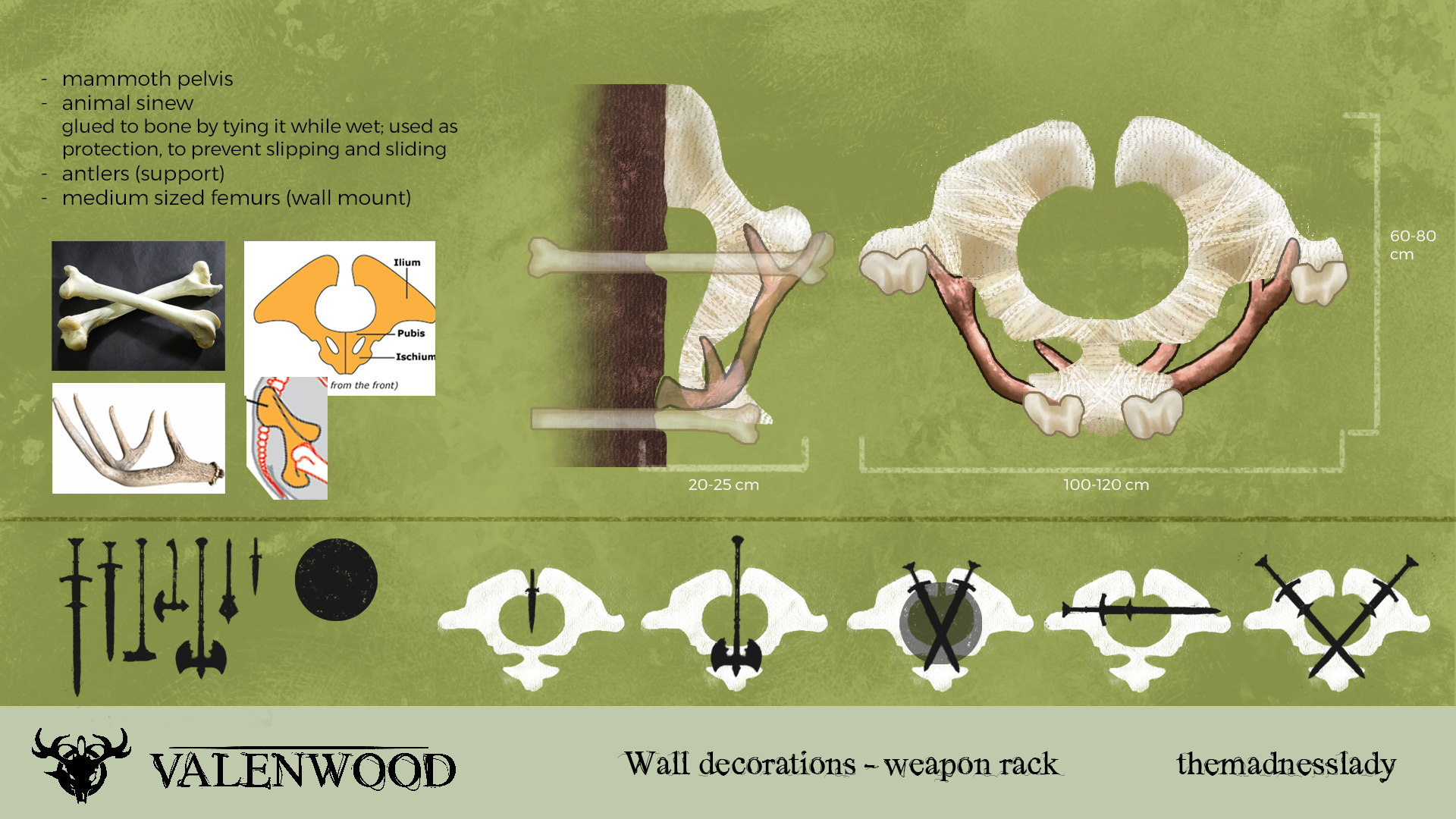 technical concept art showcasing a wall decoration - weapon rack made out of bones and ribs for the Valenwood project