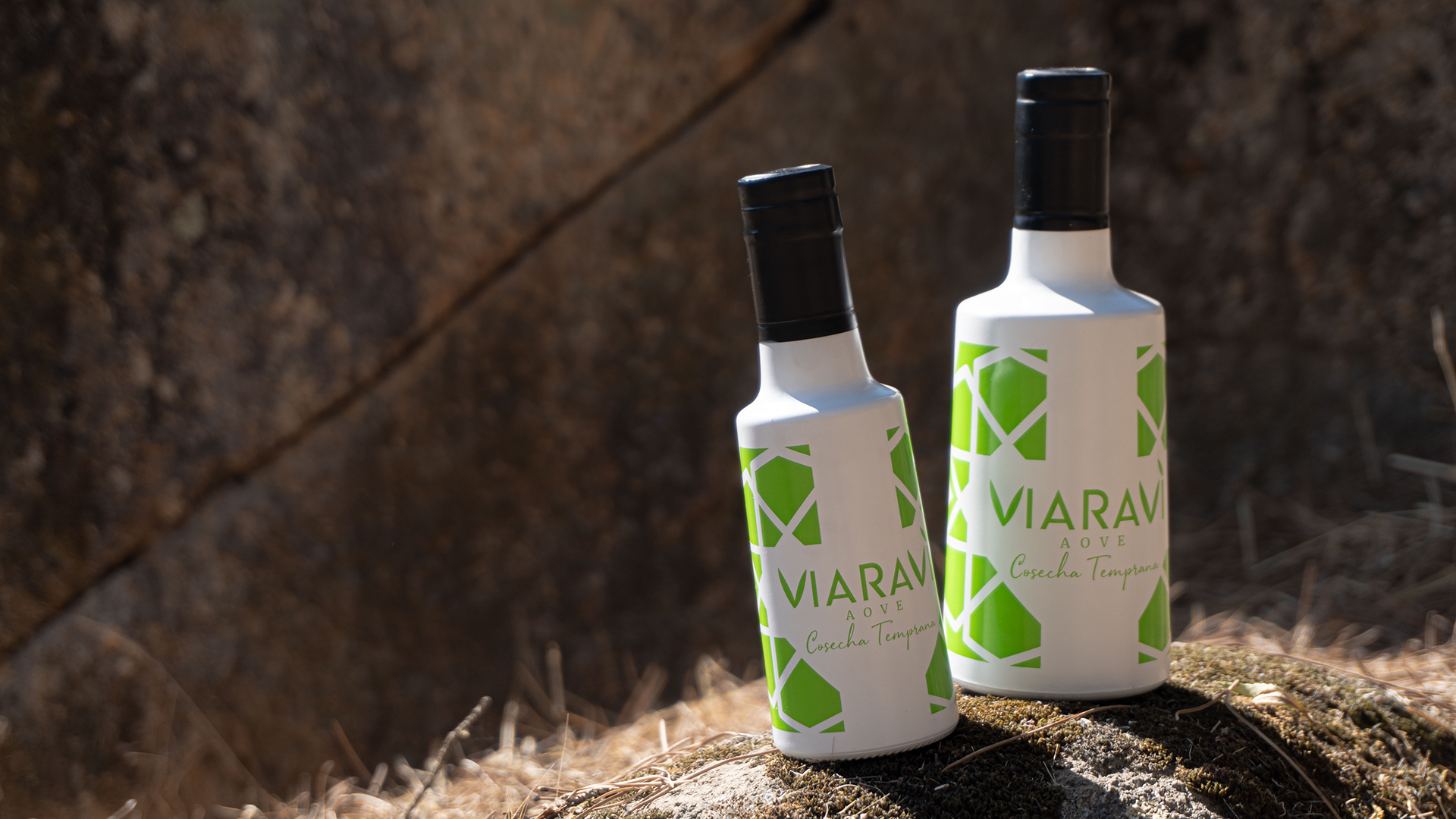 Product photography of two olive oil bottles in a rural environment with rocks and clear ligthing showcasing the brand Viaravi