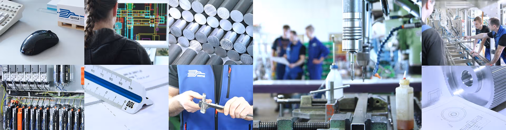 Bildleiste die verschiedenen Arbeitssituationen z.B. als Konstrukteur, Mechaniker, Elektroniker oder Mechatroniker bei Sema Maschinenbau in Bayern, Deutschland zeigt.