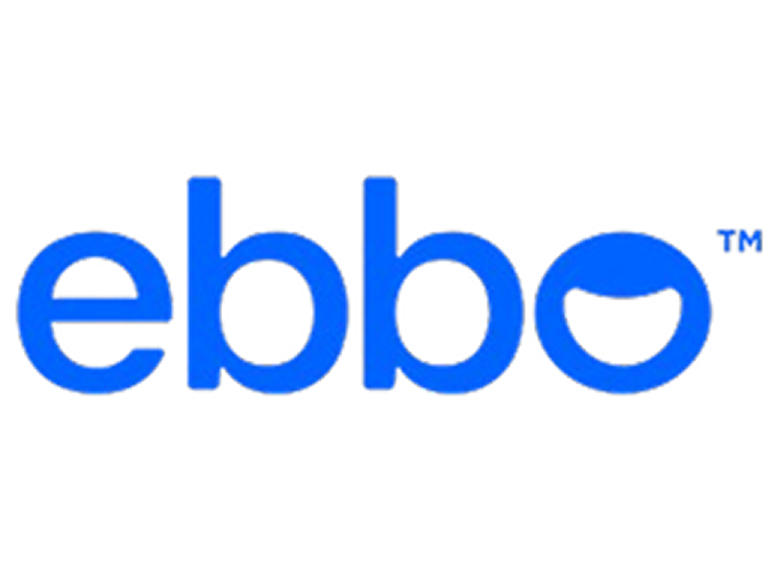 Ebbo brand logo in blue lowercase letters with a stylized letter 'o' featuring a curved white shape inside.