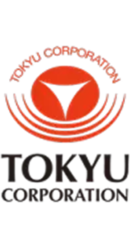 Tokyu Corporation logo with a red circular emblem featuring a white triangular shape and red arcs, above the text 'TOKYU CORPORATION'.