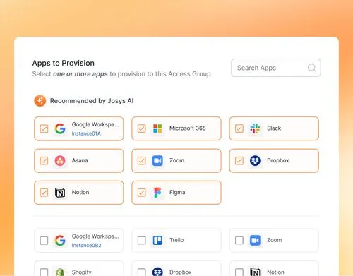 User interface showing recommended apps for provisioning with checkboxes selected for Google Workspace, Microsoft 365, Slack, Asana, Zoom, Dropbox, Notion, and Figma, and a search bar to find apps.
