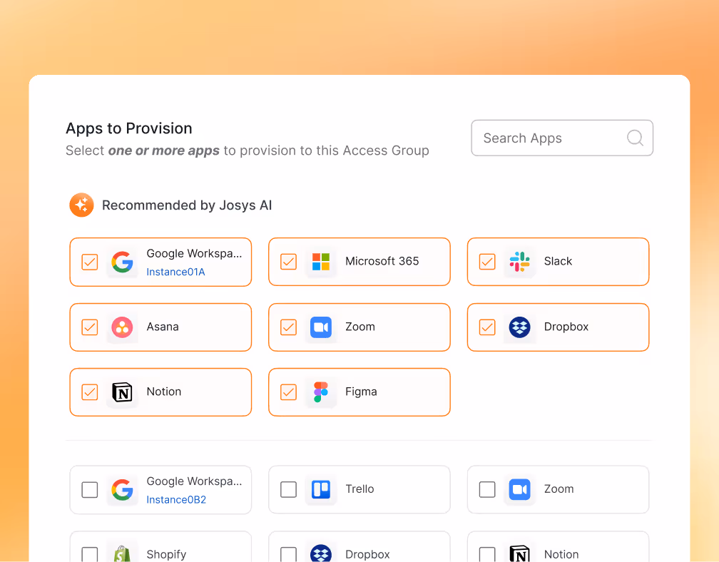 User interface showing recommended apps for provisioning with checkboxes selected for Google Workspace, Microsoft 365, Slack, Asana, Zoom, Dropbox, Notion, and Figma, and a search bar to find apps.