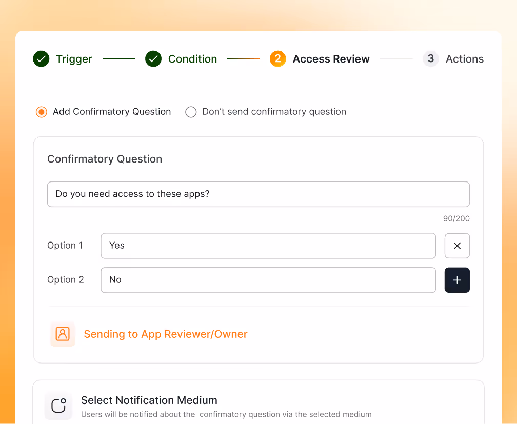User interface showing progress steps with Trigger and Condition completed, Access Review in progress, and Actions upcoming; options to add a confirmatory question with Yes and No answer fields, and a note about sending to App Reviewer/Owner.