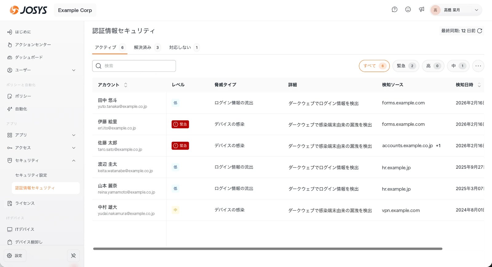 認証情報セキュリティの検知一覧画面（イメージ）