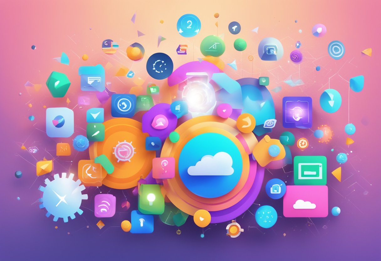 A chaotic explosion of various SaaS application icons, representing the future of SaaS management. Trendy and futuristic interface design