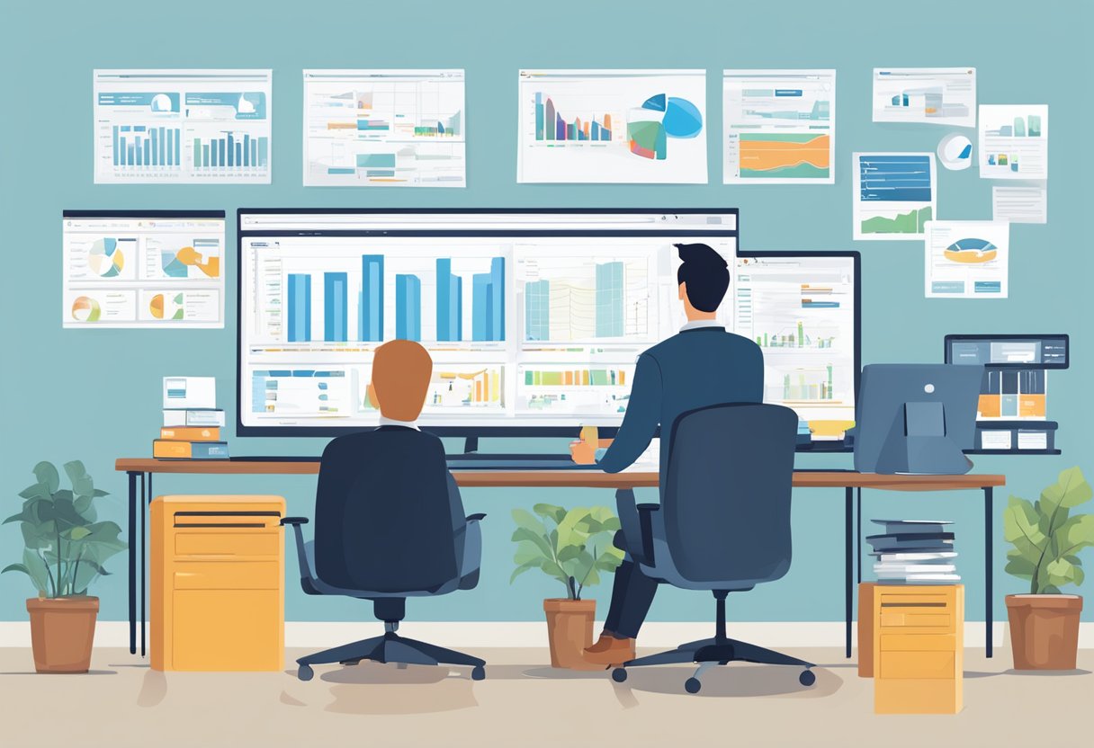 An office setting with various SaaS inventory items displayed on computer screens and a manager reviewing cost control tips
