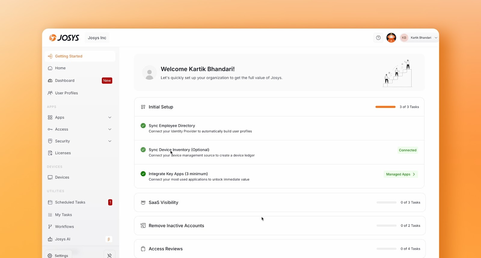 A visual of the new onboarding and get started experience allowing a user to start using Josys immediately.