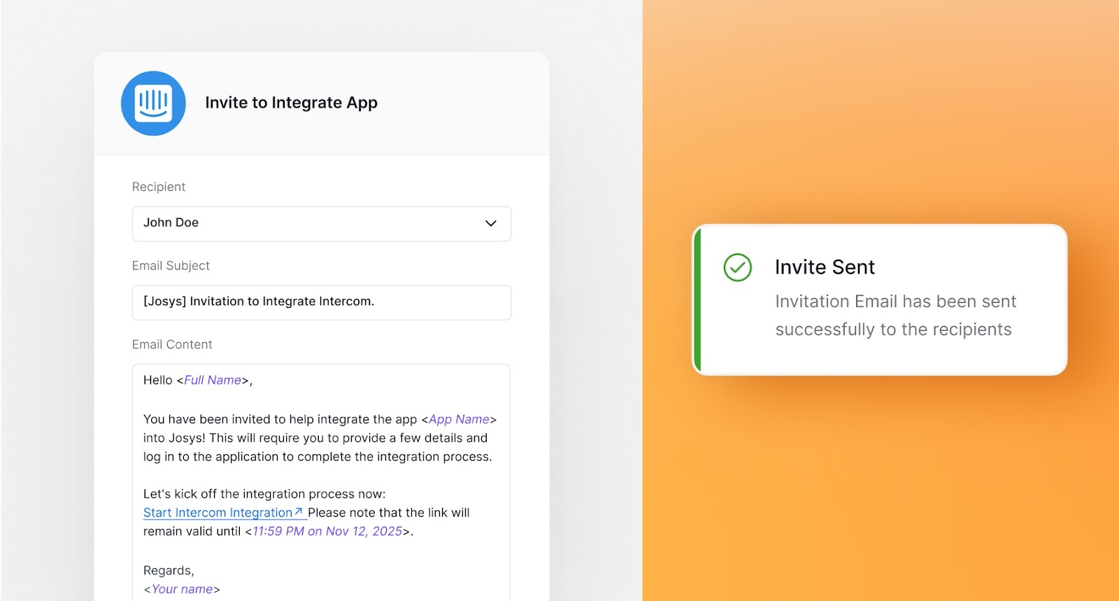 An image of how Josys users are now able to send an invitation to admin users and allow recipients to integrate app