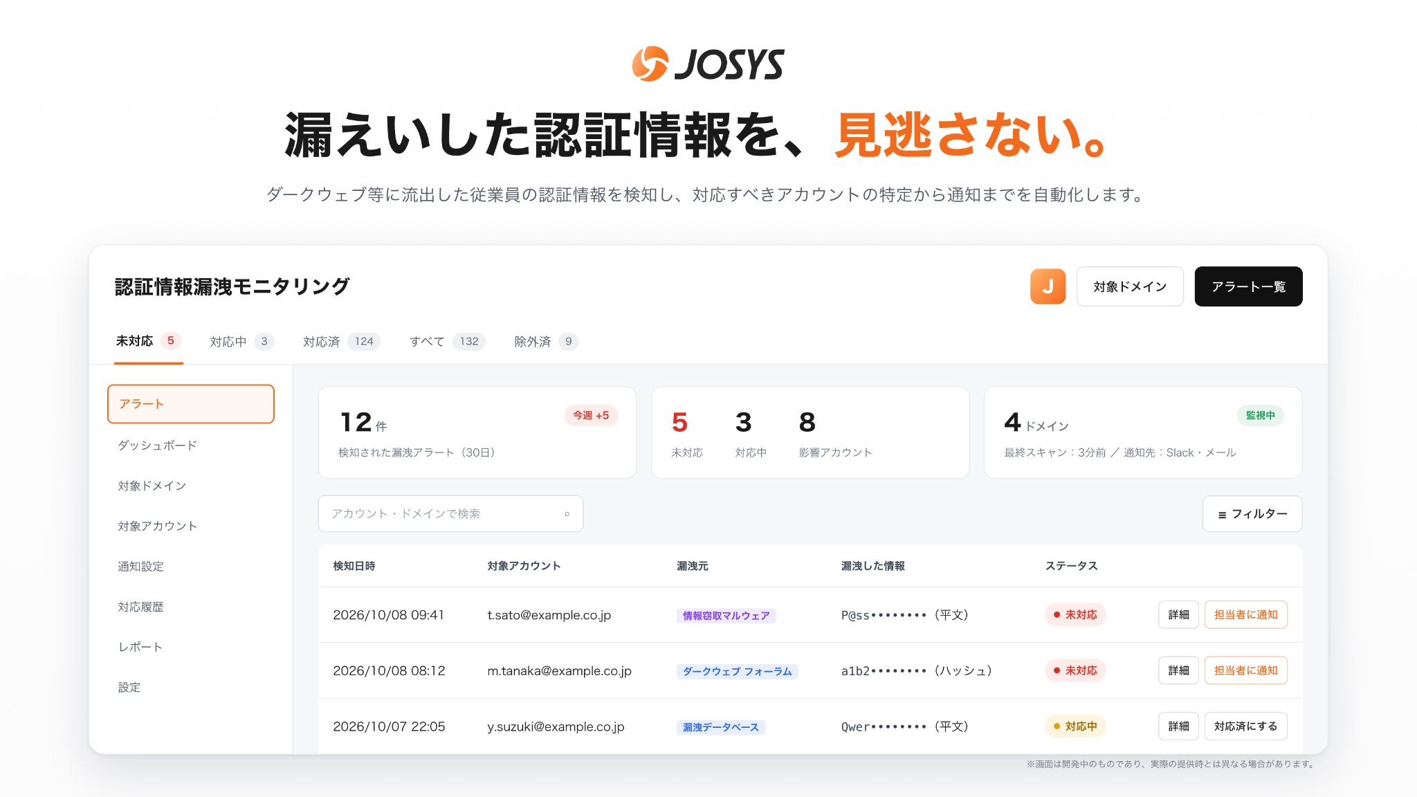 Josys 認証情報漏洩モニタリング画面イメージ