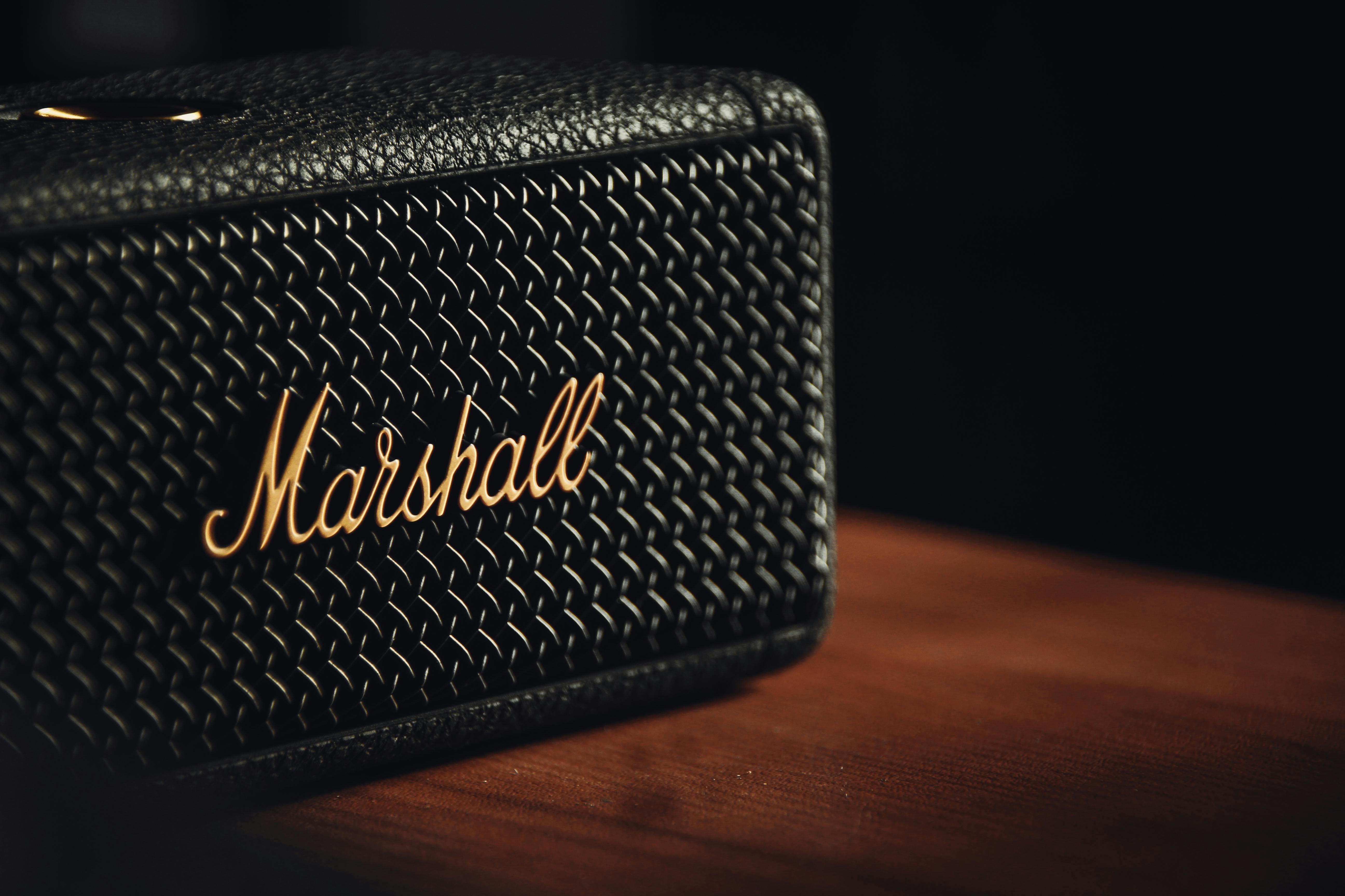 Close-up of a Marshall portable speaker standing on a table