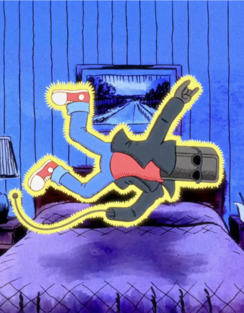 A screenshot from an animated film showing a personified soundbar being electrocuted