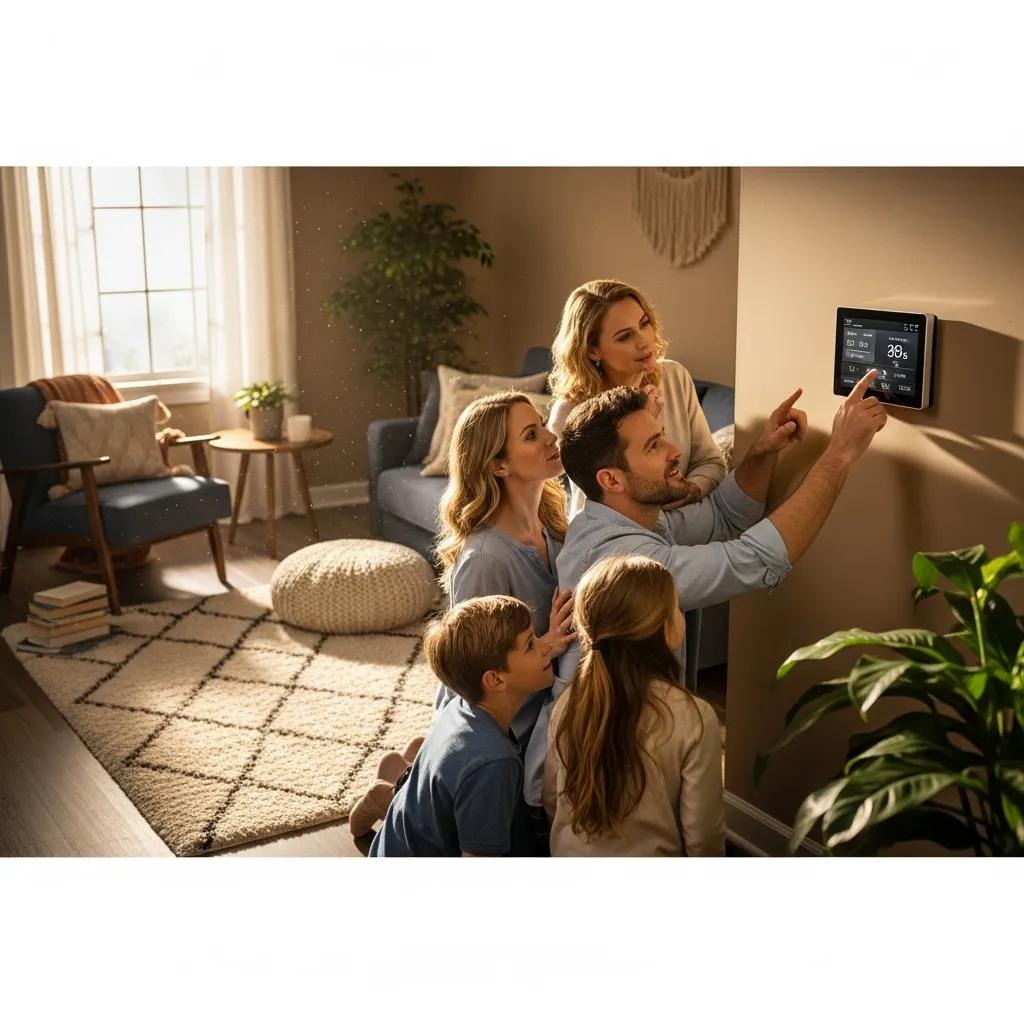 Family adjusting a programmable thermostat in a bright living room, illustrating energy-saving techniques