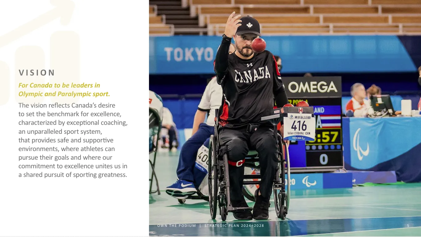 VISION: For Canada to be leaders in  
Olympic and Paralympic sport. The vision reflects Canada’s desire to set the benchmark for excellence, 
characterized by exceptional coaching, an unparalleled sport system, that provides safe and supportive environments, where athletes can pursue their goals and where our commitment to excellence unites us in a shared pursuit of sporting greatness.