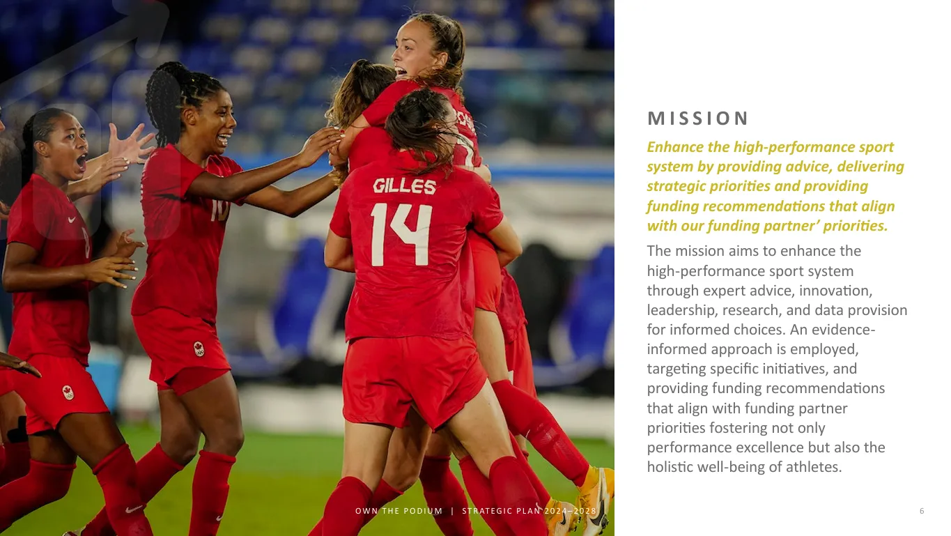 MISSION: Enhance the high-performance sport system by providing advice, delivering  strategic priorities and providing 
funding recommendations that align 
with our funding partner’ priorities. The mission aims to enhance the 
high-performance sport system 
through expert advice, innovation, 
leadership, research, and data provision for informed choices. An evidence informed approach is employed, targeting specific initiatives, and providing funding recommendations that align with funding partner priorities fostering not only performance excellence but also the holistic well-being of athletes.