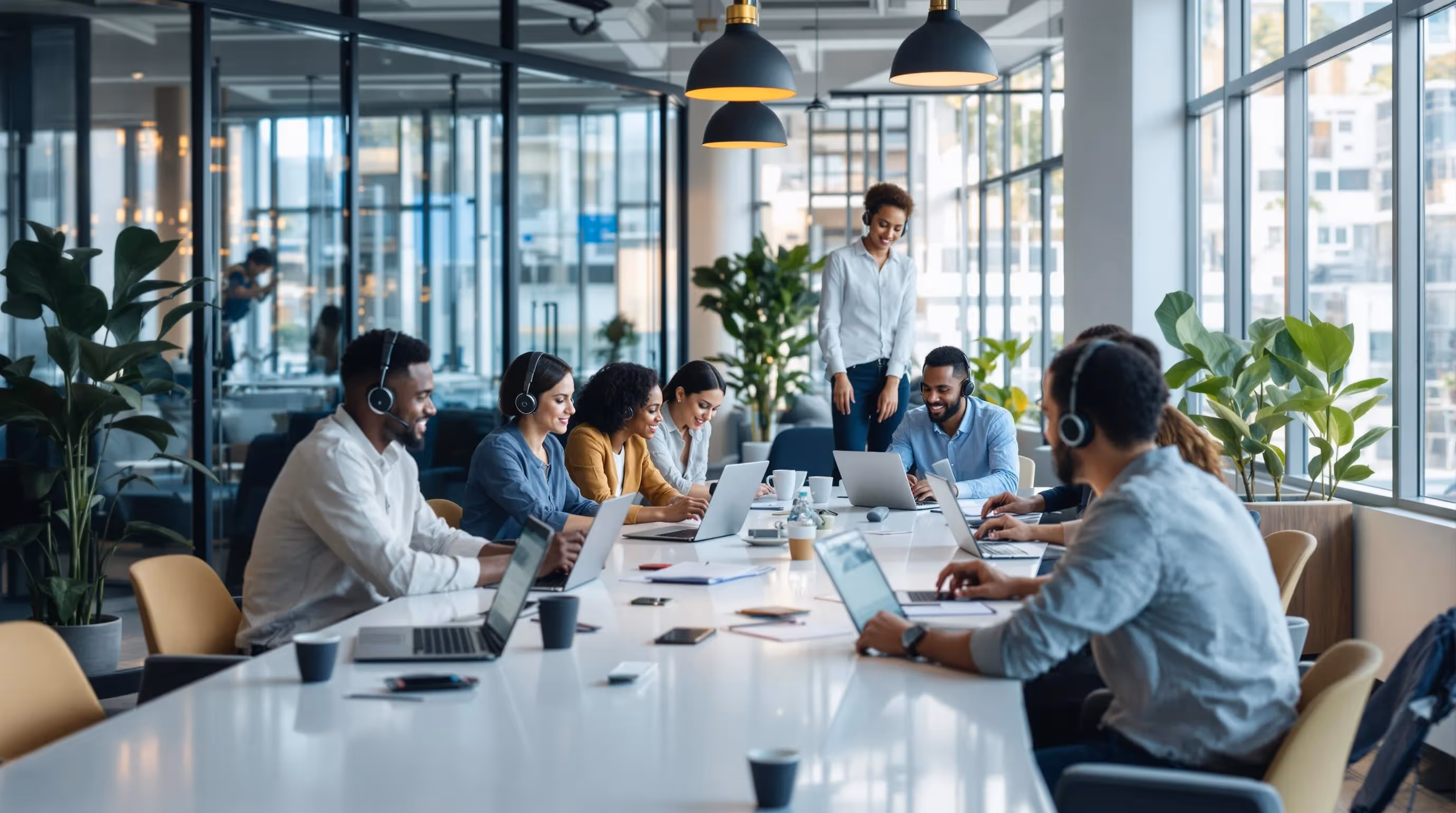 Group of people working with AI in the workplace