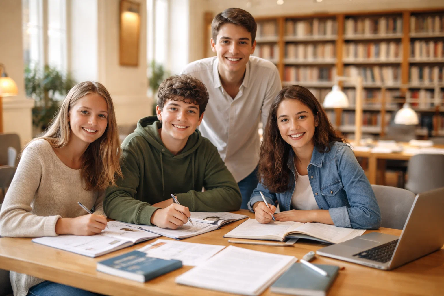 Collégiens révisant avec un sujet et corrigé brevet français, dans une bibliothèque scolaire