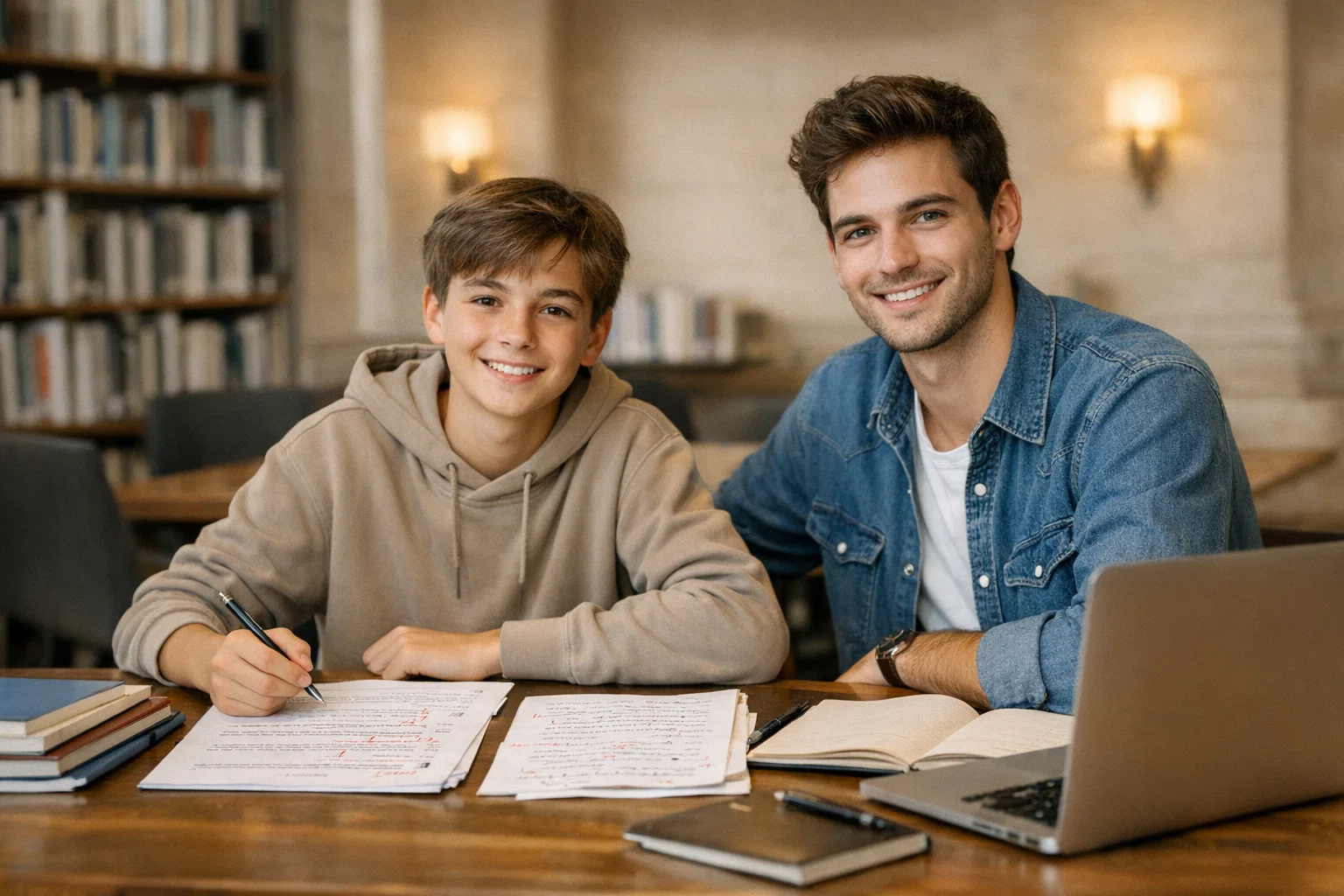 Élève de 3e révisant avec un sujet brevet français avec corrigé, dans une bibliothèque scolaire