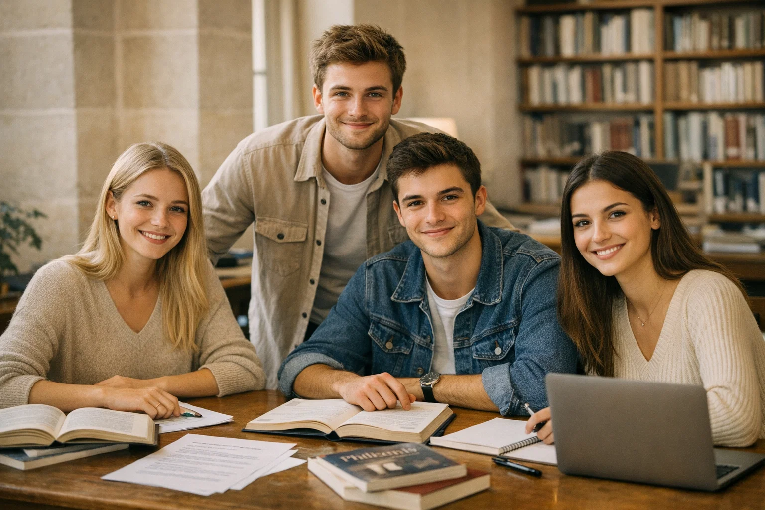Lycéens de Terminale travaillant un sujet bac philo et un corrigé bac philo en bibliothèque