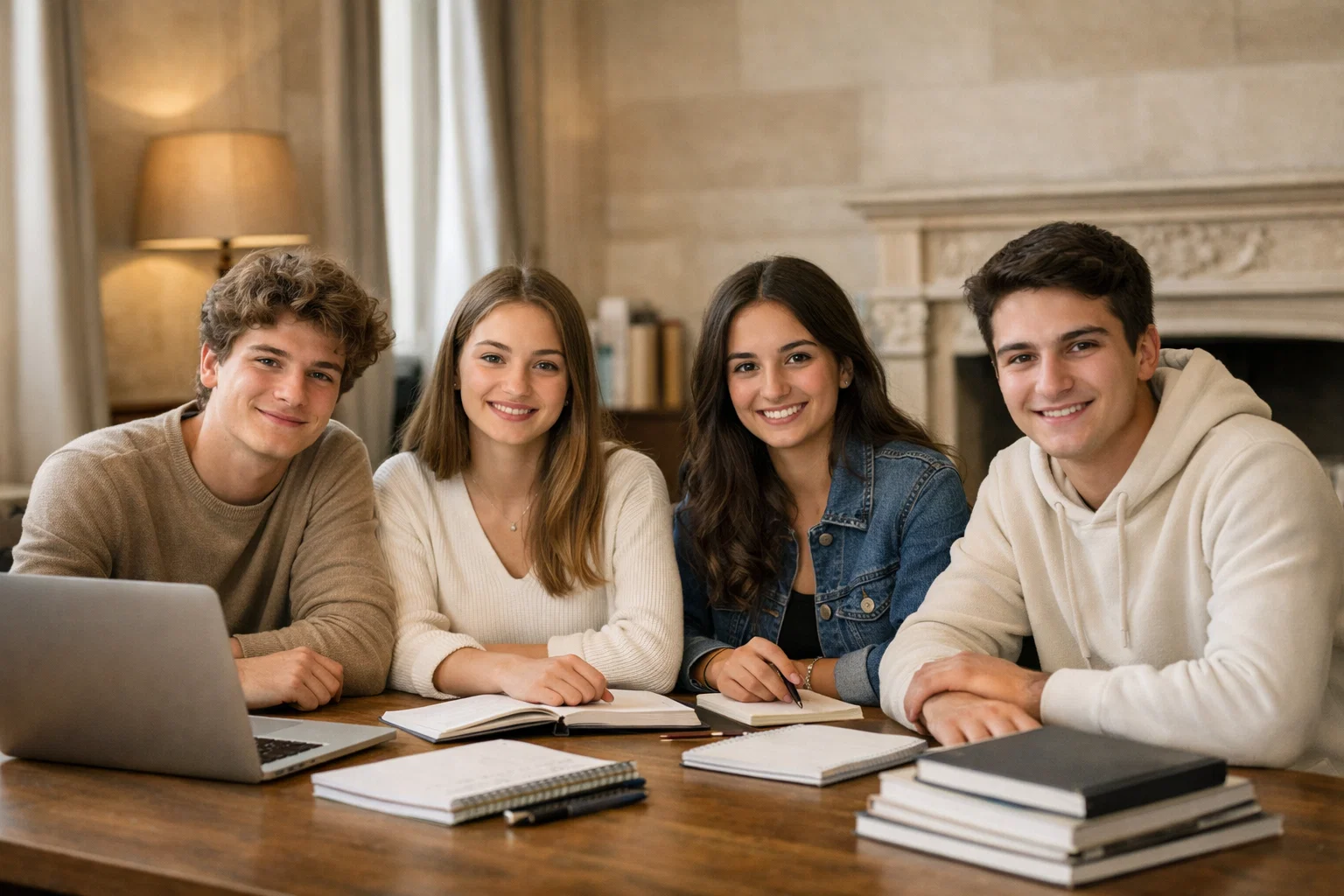 Étudiants français travaillant ensemble sur les dates Parcoursup dans un environnement scolaire