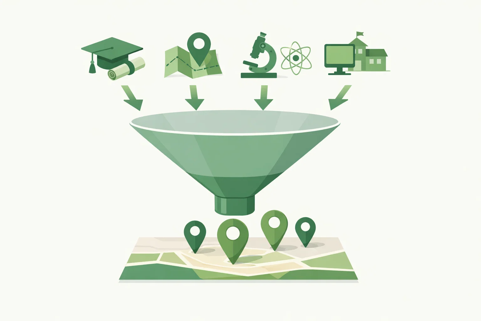 Illustration en vert Ikando montrant comment filtrer la carte des formations Parcoursup avec un entonnoir simple