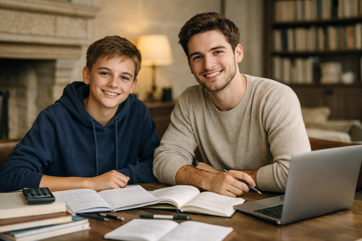 Élève de troisième révisant le sujet brevet 2026 avec un tuteur en mathématiques