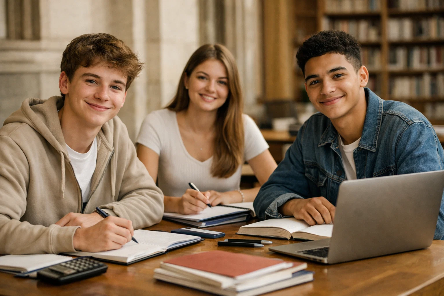 Liste fourniture scolaire seconde avec cahiers, trousse et ordinateur sur une table d’étude