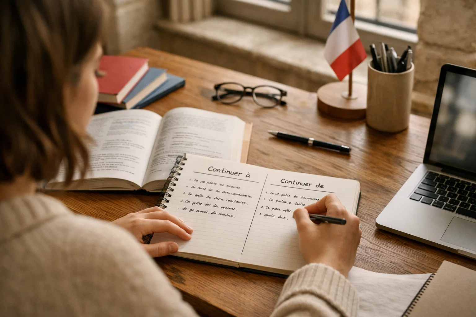 élève apprenant la différence entre continuer de ou à pendant un cours de français