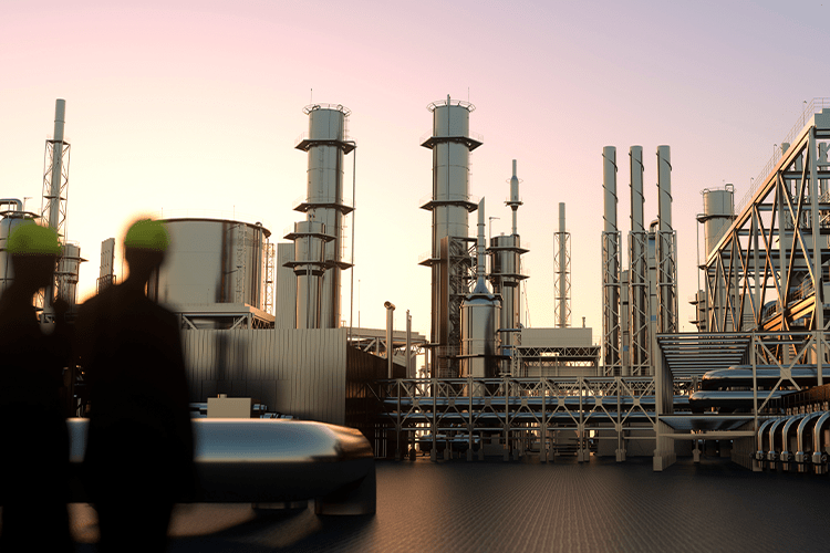 Illustration depicting an oil and gas production facility, featuring oil rigs, pipelines, and industrial structures set against a clear sky.