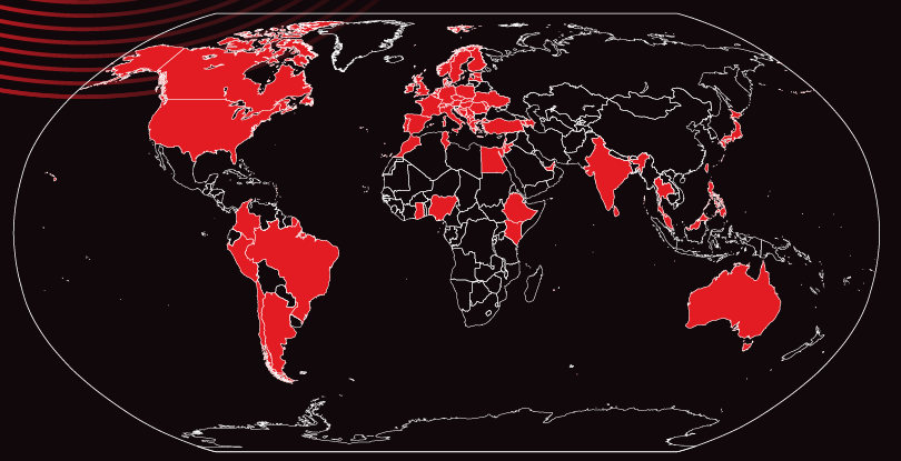 World map highlighting the 72 countries represented at UE26