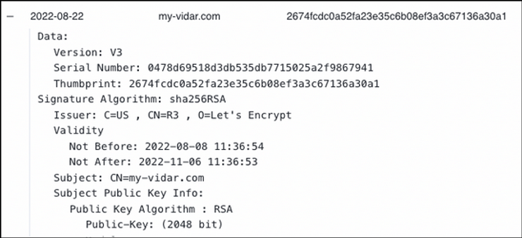 SSL certificate for my-vidar[.]com, the original Vidar infostealer website