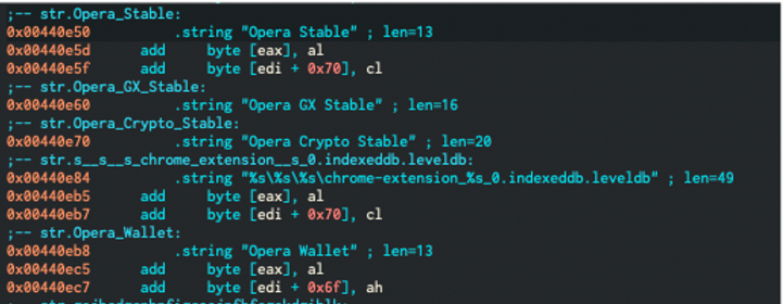 Vidar infostealer code targeting the Opera Crypto browser for form grabbing and wallet data