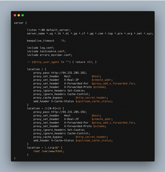 Vidar proxy.conf file showing the proxy_pass IP and empty User-Agent access rule